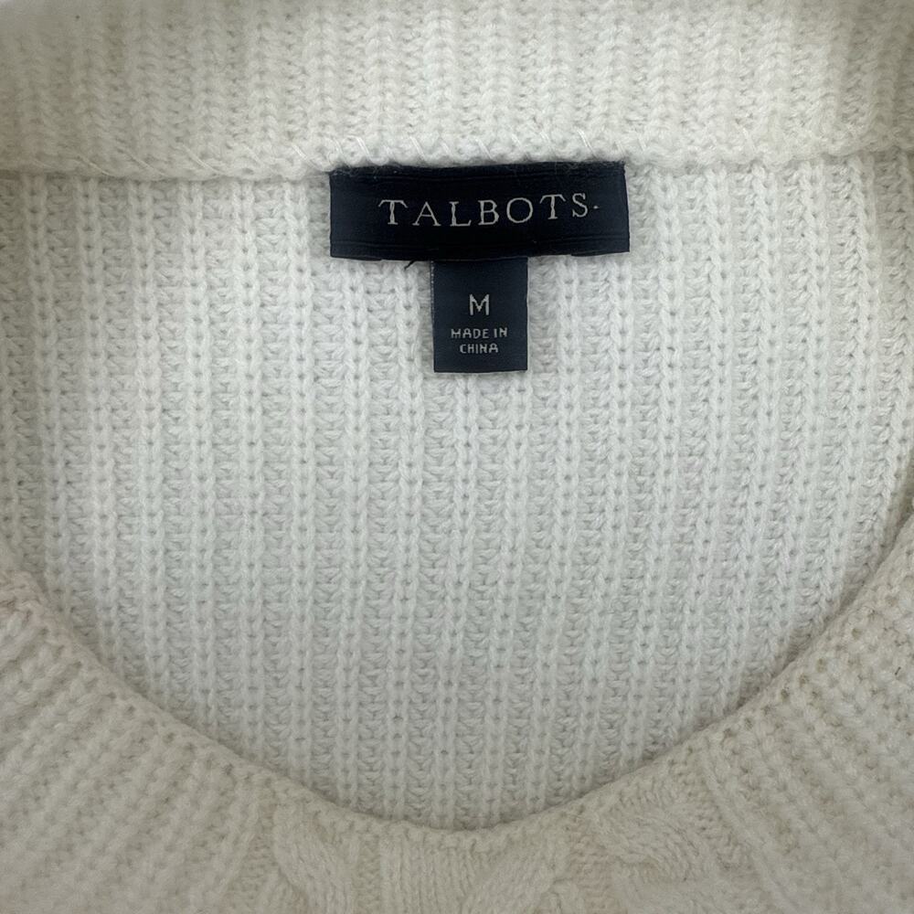 TALBOTS Fisherman Cable Knit Pullover Sweater Ivory Neutral Wool Blend Ribbed M - Picture 6 of 9